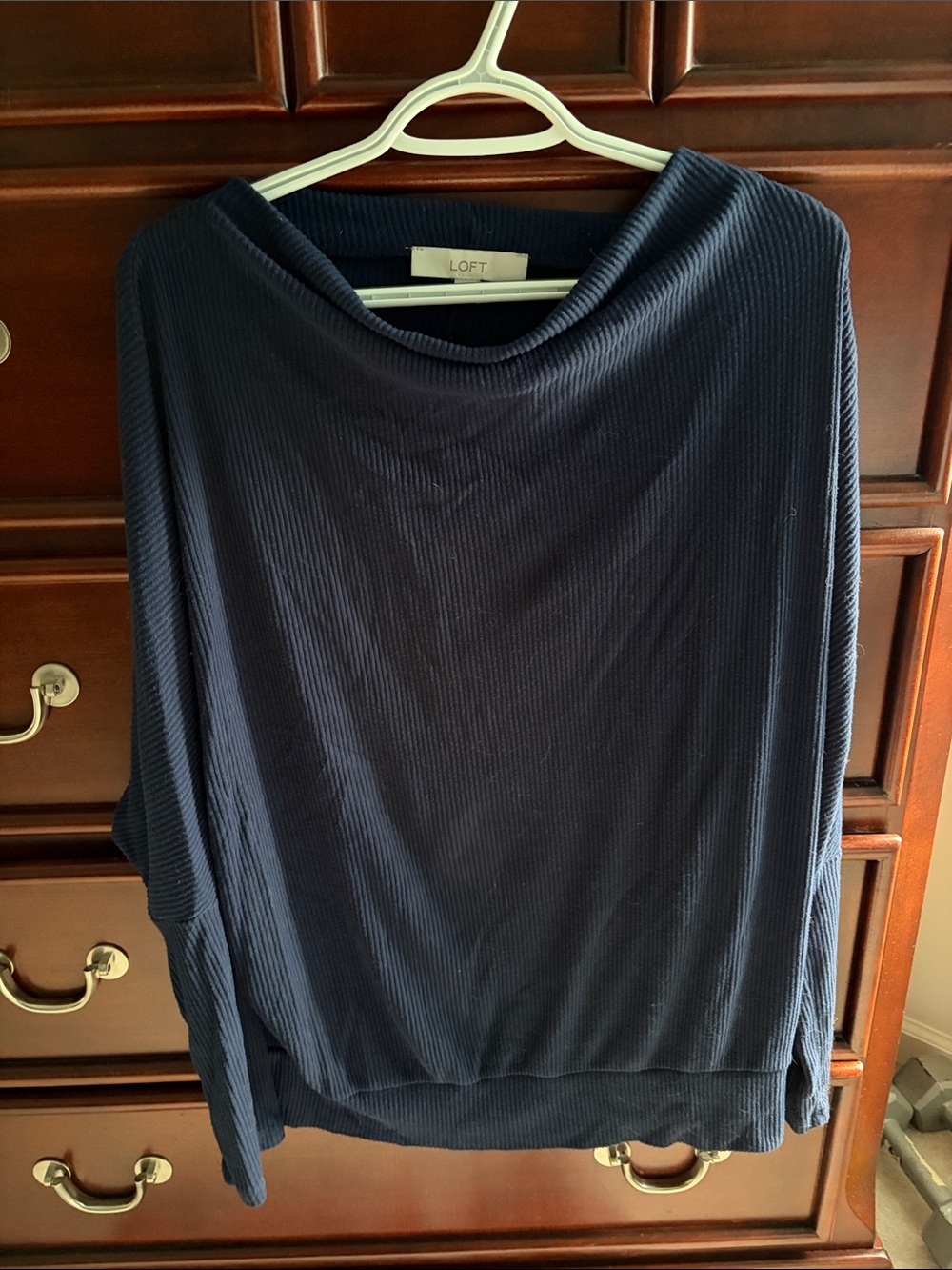 LOFT Navy Ribbed Drape Neck Lind Sleeve Tee